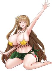  arm_up armpits barefoot bikini blonde_hair breasts cleavage closed_eyes collarbone female flower flower_thigh_strap hair_between_eyes hair_flower hair_ornament highres huge_breasts jewelry kelp last_origin leaf_bikini long_hair looking_at_viewer mel_(dodosae) navel necklace net official_alternate_costume official_art one_side_up open_mouth pink_flower red_flower salacia_(last_origin) sarong seashell seashell_bracelet seaweed shell shell_necklace simple_background sitting skindentation smile solo starfish_bikini string_bikini sweat swimsuit tachi-e thigh_strap third-party_source transparent_background wariza waving white_flower yellow_flower 