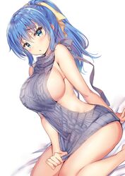  backless_outfit bare_arms bare_shoulders blue_eyes blue_hair breasts commentary_request dutch_angle female frown gakkou_de_seishun! hair_ribbon highres kanzaki_ayane large_breasts long_hair looking_at_viewer meme_attire no_bra parted_lips ponytail ribbon sanshoku_amido sideboob simple_background sitting solo thighs virgin_killer_sweater white_background 