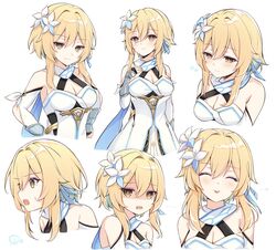  ... artist_name bare_shoulders blonde_hair blush breasts closed_eyes closed_mouth detached_sleeves dress elbow_gloves expressions feather_hair_ornament feathers female fingerless_gloves flower flower_(symbol) genshin_impact gloves gold_trim hair_between_eyes hair_flower hair_ornament hand_on_own_chest hands_on_own_hips highres kiri_celea looking_at_viewer lumine_(genshin_impact) medium_breasts multiple_views open_mouth scarf shaded_face short_hair_with_long_locks signature simple_background sleeveless sleeveless_dress smug star_(symbol) sweatdrop tongue tongue_out white_background white_dress white_flower white_gloves white_scarf white_sleeves yellow_eyes 