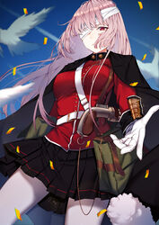  absurdres bag bandage_over_one_eye bandages belt bird blue_sky breasts cloak coat fate/grand_order fate_(series) female florence_nightingale_(fate) florence_nightingale_(third_ascension)_(fate) gloves gun handgun highres iiiroha long_hair looking_at_viewer military military_uniform pantyhose pink_hair reaching reaching_towards_viewer red_eyes skirt sky solo uniform weapon white_bird white_gloves white_pantyhose 