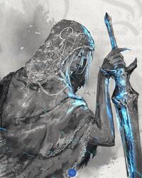  1boy closed_mouth commentary dark_souls_(series) english_commentary fingernails hand_up highres holding holding_sword holding_weapon hood hood_up long_fingernails lothric_(younger_prince) male_focus robe sharp_fingernails shimhaq signature solo sword veil weapon 