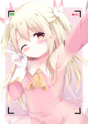  armpits ascot blush bow breasts brown_ascot closed_mouth commentary_request detached_sleeves dress fate/kaleid_liner_prisma_illya fate_(series) feather_hair_ornament feathers female gloves hair_between_eyes hair_ornament hand_up highres illyasviel_von_einzbern light_brown_hair long_hair long_sleeves navel one_eye_closed outstretched_arm pink_bow pink_dress pink_sleeves prisma_illya reaching reaching_towards_viewer recording red_eyes renew_vivi sideboob small_breasts solo two-tone_background two_side_up v very_long_hair wavy_mouth white_background white_feathers white_gloves x-ray 