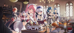  5girls :d absurdres alternate_costume apron baguette black_dress blue_eyes blue_hair book bread breasts brown_eyes byleth_(female)_(fire_emblem) byleth_(fire_emblem) cake candle candlestand center_frills character_doll chinese_commentary claude_von_riegan commentary detached_sleeves dress enmaided fire fire_emblem fire_emblem:_three_houses flower food frilled_apron frilled_dress frills hair_between_eyes highres hilda_valentine_goneril holding holding_book ignatz_victor indoors leaning_forward leonie_pinelli long_hair looking_at_viewer lorenz_hellman_gloucester lysithea_von_ordelia maid maid_headdress marianne_von_edmund medium_breasts mo_xiaoxue multiple_girls one_side_up open_book orange_eyes orange_hair pastry_bag pink_hair pink_sleeves pleated_dress puffy_short_sleeves puffy_sleeves quill raphael_kirsten red_eyes short_sleeves sleeveless sleeveless_dress smile turkey_(food) very_long_hair white_apron white_flower white_hair window 