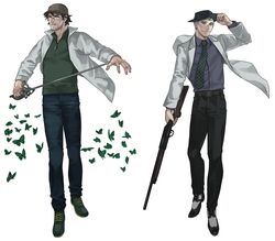  2boys alto_clef assa blonde_hair brown_hair bug butterfly commentary_request facial_hair glasses green_butterfly grin gun hat holding holding_sword holding_weapon kondraki lab_coat looking_at_another multiple_boys necktie rapier scp-408 scp_foundation smile sword weapon 