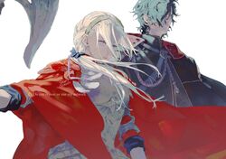  1boy 91007 alternate_costume alternate_hairstyle armor axe black_hair breastplate breasts cape edelgard_von_hresvelg female fire_emblem fire_emblem:_three_houses fire_emblem_warriors:_three_hopes gloves hair_ornament hair_ribbon highres hubert_von_vestra long_hair long_sleeves official_alternate_costume official_alternate_hairstyle purple_eyes red_cape ribbon short_hair simple_background smile weapon white_hair yellow_eyes 