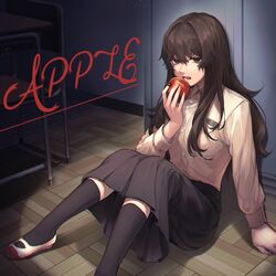  apple black_skirt black_socks brown_eyes brown_hair brown_shirt character_request club_suicide collared_shirt commentary_request female food fruit highres holding holding_food holding_fruit kneehighs long_hair long_sleeves looking_at_viewer lower_teeth_only nanin on_floor open_mouth pleated_skirt red_apple shindou_ringo shirt shirt_tucked_in shoes sitting skirt socks solo teeth white_footwear wooden_floor 