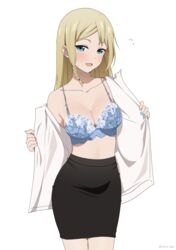  :d alternate_hairstyle black_skirt blonde_hair blue_bra blue_eyes blue_nails blush bra braid breasts cleavage collarbone coro_fae cowboy_shot female fingernails flying_sweatdrops hayasaka_ai haysaca_a._smithee high-waist_skirt highres kaguya-sama_wa_kokurasetai_~tensai-tachi_no_renai_zunousen~ long_hair looking_at_viewer medium_breasts nail_polish open_clothes open_mouth open_shirt paid_reward_available pencil_skirt shirt side_braid simple_background single_braid skirt smile solo twitter_username underwear white_background white_shirt 