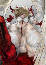  absurdres asarizer blonde_hair blood blood_from_mouth blood_on_chest blood_on_face breasts claws commentary crazy_eyes crazy_smile dungeon_meshi falin_touden falin_touden_(chimera) fangs female highres large_breasts monster_girl red_eyes smile solo v-shaped_eyebrows wings 