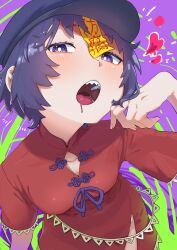  abstract_background blue_bow bow breasts center_opening china_dress chinese_clothes chinese_knot dress female flat_cap from_above hand_on_own_face hat head_tilt heart highres jiangshi looking_at_viewer miyako_yoshika ofuda ofuda_on_head open_mouth purple_background purple_eyes purple_hair red_dress saliva_drip sharp_teeth short_hair short_sleeves side_slit small_breasts sobayu_to_tenpura solo teeth tongue touhou 