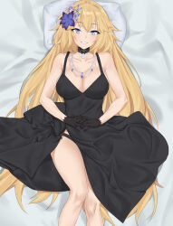  absurdres bare_shoulders black_dress black_gloves blonde_hair blue_eyes breasts cleavage collarbone das_(dan_dan) detached_collar dress fate_(series) female flower gloves grin hair_flower hair_ornament highres jeanne_d&#039;arc_(fate) jeanne_d&#039;arc_(formal_dress)_(fate) jewelry large_breasts long_hair looking_at_viewer lying necklace on_back pillow smile solo thighs very_long_hair 