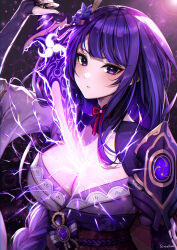  arm_up armor artist_name blunt_bangs braid breasts bridal_gauntlets cleavage clothing_cutout electricity female genshin_impact glowing glowing_sword glowing_weapon hair_ornament highres holding holding_sword holding_weapon japanese_clothes kimono large_breasts light_blush light_particles light_rays long_braid long_hair looking_at_viewer looking_to_the_side mitsudomoe_(shape) mole mole_under_eye multicolored_hair neck_ribbon parted_lips pink_lips purple_background purple_eyes purple_hair purple_kimono raiden_shogun red_ribbon ribbon short_sleeves shoulder_armor shoulder_cutout single_braid solo standing streaked_hair sunbeam sunlight sword tomoe_(symbol) weapon wide_sleeves yeooudam 