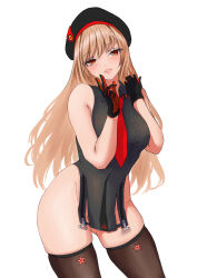  absurdres ass_visible_through_thighs bare_shoulders beret black_gloves black_thighhighs blush bottomless breasts brown_hair collared_dress cowboy_shot dress female gloves goddess_of_victory:_nikke hat highres large_breasts long_hair looking_at_viewer necktie ramuneogura rapi_(nikke) red_eyes red_necktie shirt side_slit simple_background sleeveless sleeveless_shirt solo thighhighs thighs two-tone_gloves white_background 