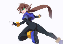  aile_(mega_man_zx) anklet ass back black_bodysuit black_gloves blue_footwear blue_jacket bodysuit bracelet cropped_jacket dashing female from_behind gloves hands_up jacket jewelry kaidou_zx knee_up low_ponytail mega_man_(series) mega_man_zx mega_man_zx_advent no_pants open_mouth puffy_short_sleeves puffy_sleeves robot_ears short_hair short_sleeves simple_background solo spiked_hair white_background 