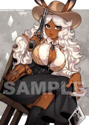  amulet animal_ears artist_name asymmetrical_legwear between_breasts black_footwear black_pants blush boots breasts brown_eyes buttons card chair cleavage collar collared_shirt commentary commission corset cowboy_hat crossed_legs curly_hair dark-skinned_female dark_skin english_commentary feet_out_of_frame female fingernails fishine grey_background gun hat highres holding holding_card holding_gun holding_weapon holster knee_boots large_breasts legs letterboxed lips long_hair long_sleeves looking_at_viewer looking_to_the_side medium_bangs original pants parted_bangs parted_lips playing_card rabbit_ears revolver sample_watermark shirt signature simple_background single_bare_leg sitting smile solo three_quarter_view variant_set vest watermark weapon white_hair white_shirt yellow_vest 