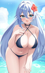  :d absurdres asymmetrical_sidelocks bare_arms bare_shoulders bikini black_bikini black_choker blue_hair blue_sky blush breasts choker cleavage cloud collarbone commission cowboy_shot criss-cross_halter day elegant_(sumisumi4268) eyelashes female flipped_hair flower grey_hair hair_between_eyes hair_flower hair_intakes hair_ornament halterneck hand_on_own_chest hand_on_own_leg hand_up highres large_breasts leaning_forward long_hair looking_at_viewer multicolored_eyes nail_polish navel open_mouth original red_flower red_nails skeb_commission sky smile solo sparkle standing sweat swimsuit thigh_gap very_long_hair water 