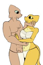  4_fingers abs anthro biceps big_breasts big_nose bikini biped bottomwear bra breast_squish breasts brown_body brown_fur cheek_tuft chest_tuft chin_tuft claws clothed clothed_anthro clothed_female clothed_male clothing collarbone colored curvy_anthro curvy_female curvy_figure digital_drawing_(artwork) digital_media_(artwork) duo eye_contact eyelashes facial_tuft fan_character felid female finger_claws fingers fur green_sclera hand_on_chest hand_on_chin katia_managan khajiit larger_male loincloth loincloth_only long_tail looking_at_another male male/female mammal microsoft muscular muscular_anthro muscular_male navel no_shading orange_nose panties pecs pink_nose prequel_adventure pupils romantic romantic_ambiance romantic_couple scales simple_background size_difference skeletronic smaller_female smile squish standing swimwear tail the_elder_scrolls topless tuft two-piece_swimsuit underwear voluptuous voluptuous_anthro voluptuous_female white_background wide_hips yellow_body yellow_fur yellow_sclera yellow_tail 