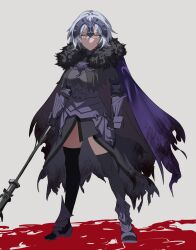  absurdres armor armored_boots armored_dress black_cape black_dress black_thighhighs boots breasts cape chains collar das_(dan_dan) dress fate/samurai_remnant fate_(series) faulds female fur_collar gauntlets grey_hair headpiece highres jeanne_d&#039;arc_(fate) jeanne_d&#039;arc_alter_(fate) jeanne_d&#039;arc_alter_(lancer)_(fate) large_breasts looking_at_viewer metal_collar plackart polearm short_hair spear thighhighs thighs weapon yellow_eyes 