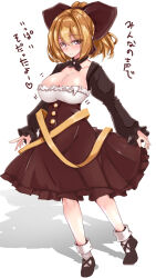  absurdres black_footwear blonde_hair blush bow breasts brown_dress cleavage closed_mouth commentary_request dress female full_body hairbow heart heart-shaped_pupils highres juliet_sleeves kurodani_yamame large_breasts long_sleeves looking_at_viewer puffy_sleeves short_hair simple_background smile socks solo symbol-shaped_pupils touhou translation_request white_background white_socks yellow_eyes yukito_(dreamrider) 