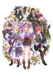  4boys 4girls absurdres aranya_(atelier) astrid_zexis atelier_(series) atelier_rorona blonde_hair blue_eyes boots brown_eyes brown_hair cape cuderia_von_feuerbach detached_sleeves facial_hair feline flask flower frying_pan glasses gloves hat highres horoholo_(atelier) iksel_jahnn kishida_mel lionela_heinze long_hair looking_back ludwig_giovanni_arland midriff moustache multiple_boys multiple_girls navel necktie open_mouth rorolina_frixell round-bottom_flask short_hair smile sterkenburg_cranach sword tristan_alcock twintails two_side_up weapon white_gloves 