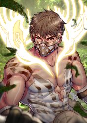  1boy abs antlers bara biceps brown_eyes brown_hair chest_markings deer_antlers deer_boy eikthyrnir_(fire_emblem) fire_emblem fire_emblem_heroes glowing_antlers highres horns large_pectorals looking_at_viewer male_focus mask masked mouth_mask muscular muscular_male pectorals sessdraws 