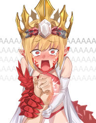  1boy absurdres bikini blonde_hair blush breasts criss-cross_halter crown crying das_(dan_dan) dragon_claw dragon_tail elbow_gloves facial_mark fate/grand_order fate_(series) female gloves hair_intakes hair_ribbon halterneck highres looking_at_viewer medium_hair nero_claudius_(fate) open_clothes open_mouth pointy_ears queen_draco_(fate) queen_draco_(second_ascension)_(fate) red_bikini red_eyes red_ribbon ribbon robe scales single_glove small_breasts solo_focus swimsuit tail thighs white_gloves white_robe 