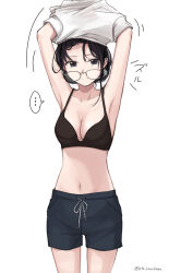  ... armpits arms_up black_bra black_eyes black_hair black_shorts bra closed_mouth female front-tie_shorts glasses highres looking_at_viewer navel original setu_kurokawa shirt short_hair shorts simple_background solo spoken_ellipsis standing underwear undressing white_background white_shirt 