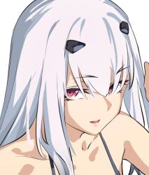  bare_shoulders bikini breasts brown_eyes das_(dan_dan) fate/grand_order fate_(series) female forked_eyebrows grey_bikini long_hair looking_at_viewer melusine_(fate) open_mouth sidelocks small_breasts smile swimsuit white_hair 