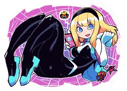  1girls blonde_hair blue_eyes bodysuit crap-man cute female gwen_stacy hairband marvel phone spider-gwen spider-man_(series) superheroine tagme thick_thighs thighs 