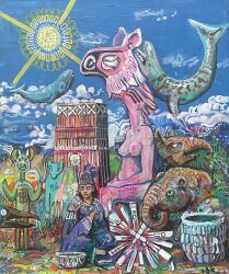  1_eye abstract_art acrylic_painting_(artwork) ambiguous_gender biped blue_body blue_sky breasts brown_body cetacean cloud container female feral grass group hi_res human humanoid jewelry krispylemur light light_beam mammal marine markings necklace nipples one_eye_closed painting_(artwork) pink_body plant quadruped sitting sky sun sunbeam sunlight tapir traditional_media_(artwork) traditional_painting_(artwork) whale 