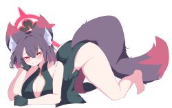  absurdres all_fours alternate_costume alternate_hair_length alternate_hairstyle amebrew animal_ear_fluff animal_ears bare_legs bare_shoulders barefoot black_hair blue_archive blush breasts china_dress chinese_clothes cleavage colored_inner_hair dress female fox_ears fox_girl fox_tail gloves green_dress green_gloves grin hair_between_eyes hand_on_own_face highres large_breasts looking_at_viewer medium_hair multicolored_hair red_hair sidelocks smile solo tail top-down_bottom-up wakamo_(blue_archive) 
