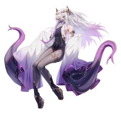  absurdres bare_shoulders breasts circlet colored_tongue covered_navel detached_sleeves female full_body gradient_hair highres jewelry long_hair long_tongue looking_at_viewer medium_breasts mouth_veil multicolored_hair original pantyhose platform_sandals purple_hair purple_tongue red_eyes sandals sharp_teeth solo teeth tentacle thighlet tongue tongue_out two-tone_hair veil white_background white_hair zhu_fun 
