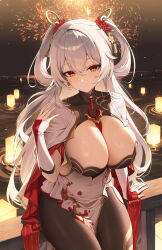  absurdres aerial_fireworks against_railing alternate_breast_size black_collar black_pantyhose breasts cleavage closed_mouth collar commentary covered_navel cowboy_shot dkxlek dress female fireworks hair_between_eyes hair_ornament hand_up highres hip_vent honkai_(series) honkai_impact_3rd huge_breasts lantern light_blush long_hair looking_at_viewer night night_sky ocean orange_eyes outdoors pantyhose pelvic_curtain railing sky smile solo theresa_apocalypse theresa_apocalypse_(luna_kindred) theresa_apocalypse_(lunar_vow:_crimson_love) theresa_apocalypse_(redolent_in_red) two_side_up very_long_hair white_dress white_hair 
