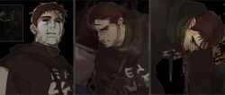  2boys afraid_of_monsters black_hoodie blood blood_from_eyes blood_on_face brown_hair clenched_teeth column_lineup david_leatherhoff dual_persona empty_eyes facial_hair game_screenshot_inset goatee highres hood hood_down hoodie ju-san multiple_boys multiple_views noose_necktie print_hoodie short_hair sweatdrop teeth the_addiction_(afraid_of_monsters) turtleneck 