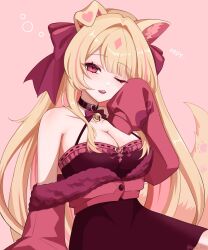  absurdres animal_ears artist_name bare_shoulders bell black_choker blonde_hair bow breasts cardigan choker cleavage collarbone commentary commission diamond_(shape) dog_ears dog_girl dog_tail dress english_commentary female hair_intakes hand_up haori903 heart heart-shaped_gem heart_choker heart_print highres indie_virtual_youtuber large_breasts long_hair long_sleeves looking_at_viewer multicolored_hair neck_bell off-shoulder_cardigan off_shoulder one_eye_closed parted_lips paw_print pink_background pink_streaks red_bow red_cardigan red_dress red_eyes short_dress simple_background sleeves_past_fingers sleeves_past_wrists solo squeans streaked_hair swept_bangs tail tenshina_(vtuber) twitter_username vgen_commission virtual_youtuber 