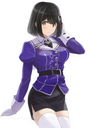  belt black_hair black_skirt blush breasts brown_eyes cowboy_shot female gloves haguro_(kancolle) haguro_kai_ni_(kancolle) hair_ornament jacket kantai_collection large_breasts long_hair long_sleeves looking_at_viewer military military_uniform open_mouth purple_jacket short_hair skirt smile solo thighhighs tomoyo_kai white_background white_gloves white_thighhighs 