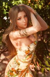  3d aerith_gainsborough aerith_gainsborough_(citric_dress) breasts cleavage dress earrings female final_fantasy final_fantasy_vii final_fantasy_vii_ever_crisis food-themed_earrings food_print fruit_print highres jewelry looking_at_viewer necklace official_alternate_costume official_alternate_hairstyle orange-shaped_earrings orange-shaped_ornament orange_print smile solo sreliata strapless strapless_dress upper_body 