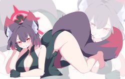  absurdres all_fours alternate_costume alternate_hair_length alternate_hairstyle amebrew animal_ear_fluff animal_ears bare_legs bare_shoulders barefoot black_hair blue_archive blush breasts china_dress chinese_clothes cleavage colored_inner_hair dress female fox_ears fox_girl fox_tail gloves green_dress green_gloves grin hair_between_eyes hand_on_own_face highres large_breasts looking_at_viewer medium_hair multicolored_hair red_hair sidelocks smile solo tail top-down_bottom-up wakamo_(blue_archive) zoom_layer 
