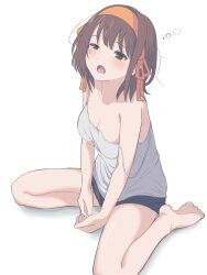  absurdres barefoot black_shorts blush breasts brown_eyes brown_hair camisole cleavage collarbone commentary_request feet female hair_ribbon hairband half-closed_eye highres medium_breasts medium_hair open_mouth orange_ribbon rai_iceblast ribbon short_shorts shorts simple_background sitting solo spaghetti_strap squeans suzumiya_haruhi suzumiya_haruhi_no_yuuutsu toes white_background white_camisole yellow_hairband yellow_ribbon 