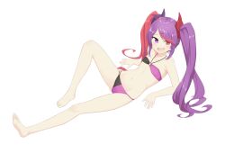  absurdres barefoot bikini female flat_chest full_body heterochromia highres long_hair looking_at_viewer lying misaki_(princess_connect!) misaki_(summer)_(princess_connect!) multicolored_hair navel open_mouth princess_connect! purple_eyes purple_hair red_eyes red_hair ribbonsnek smile solo swimsuit transparent_background twintails two-tone_hair very_long_hair 