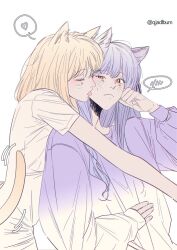  2girls animal_ears bang_dream! bang_dream!_it&#039;s_mygo!!!!! blonde_hair cat_ears cat_girl cat_tail closed_eyes closed_mouth commentary drawn_whiskers heart hug hug_from_behind kemonomimi_mode licking licking_another&#039;s_face long_hair long_sleeves medium_hair misumi_uika multiple_girls purple_hair purple_sweater qjadlbum shirt simple_background sleeves_past_wrists spoken_blush spoken_heart sweater symbol-only_commentary tail togawa_sakiko twitter_username upper_body white_background white_shirt yellow_eyes yuri 