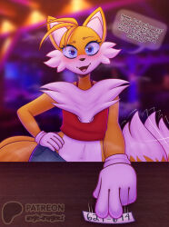 absurd_res angie_imagines anthro blue_eyes blush bodily_fluids bottomwear canid canine cheek_tuft clothing denim denim_bottomwear denim_clothing dialogue facial_tuft female fluffy fluffy_chest fluffy_tail fox gloves handwear hi_res jeans mammal multi_tail musk musk_clouds pants patreon patreon_logo phone_number rule_63 sega shirt solo solo_focus sonic_the_hedgehog_(series) sweat tail tails tank_top topwear tuft 