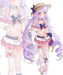  absurdres bikini bikini_skirt fella_(vpffk0731) female flower_in_hat hat highres kyoka_(princess_connect!) kyoka_(summer)_(princess_connect!) long_hair nail_polish navel pointy_ears princess_connect! purple_hair simple_background solo straw_hat swimsuit twintails very_long_hair yellow_eyes zoom_layer 