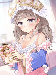  absurdres atelier_(series) atelier_ryza atelier_totori bed blurry blush book brown_hair collarbone curtains depth_of_field dress female grey_eyes headdress highres holding holding_book indoors long_hair looking_at_viewer manga_(object) mochi_(k620803n) pornography pout reisalin_stout solo spaghetti_strap sweatdrop totooria_helmold wide_sleeves window 