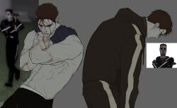  1boy :| abs absurdres afraid_of_monsters arm_hair black_gloves black_hoodie blood blood_from_forehead blood_on_arm blood_on_face brown_hair closed_mouth crossed_arms david_leatherhoff empty_eyes game_screenshot_inset gloves grey_background hands_on_own_shoulders highres hood hoodie ju-san male_underwear male_underwear_peek multiple_views no_shirt print_hoodie scar scar_on_face short_hair slouching the_addiction_(afraid_of_monsters) toned toned_male turtleneck underwear 