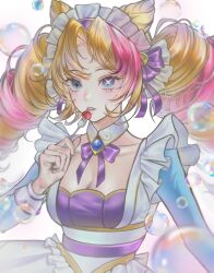  blonde_hair bow bowtie breasts cafe_cuties_(league_of_legends) cafe_cuties_gwen cleavage cone_hair_bun dress drill_hair female food fork gwen_(league_of_legends) haamheam_(hamuham) hair_bun hairbow highres holding holding_fork league_of_legends long_hair long_sleeves maid maid_headdress multicolored_hair parted_bangs pink_hair smile solo star-shaped_pupils star_(symbol) symbol-shaped_pupils twin_drills twintails two-tone_hair 