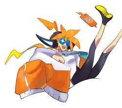  :d ahoge black_leggings black_shoes blue-tinted_eyewear commentary female happy highres jacket kneepits leggings marnie_(marnielovesyou) open_clothes open_jacket open_mouth orange_hair orange_jacket original oversized_jacket pokemon rotom rotom_phone shirt shoes simple_background sitting sleeveless sleeveless_shirt smile solo sunglasses teeth tinted_eyewear white_background white_shirt yellow-framed_eyewear 