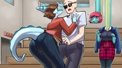  16:9 2025 anthro ass bald belt benjamin_mcknight big_breasts big_butt blue_body blue_clothing blue_eyes blue_jacket blue_scales blue_topwear blush bone_frill bottom_heavy bottomwear brachiosaurid brachiosaurus breasts brown_hair cavemanon_studios chervyarts clothing denim denim_bottomwear denim_clothing detailed_background digital_drawing_(artwork) digital_media_(artwork) dinosaur eyelashes eyewear female femboy frill_(anatomy) green_body green_scales group gymnasium hadrosaurid hair hi_res human i_wani_hug_that_gator inco_(iwhtg) inside jacket jeans leggings legwear light-skinned_male light_body light_skin liz_farlane long_neck long_tail male mammal multicolored_body multicolored_scales orange_clothing orange_jacket orange_topwear ornithischian ornithopod pants parasaurolophus pink_hair prehistoric_species purple_eyes reptile sauropod sauropodomorph scales scalie shirt short_hair snout spiked_tail spikes spikes_(anatomy) sunglasses t-shirt tail thick_thighs topwear trio turquoise_body turquoise_scales two_tone_body two_tone_scales white_clothing white_shirt white_t-shirt white_topwear wide_hipped_anthro wide_hipped_male wide_hips widescreen 