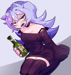  ahoge alcohol animal_ears annoyed artist_name bare_shoulders black_choker black_shirt black_thighhighs bottle breasts cat_ears choker cleavage collarbone colored_lineart colored_tongue crossed_bangs double-parted_bangs double_strap_slip fangs female flipped_hair half-closed_eyes hand_on_floor hand_rest holding holding_bottle kneeling knees_out_of_frame long_hair looking_at_viewer medium_breasts no_shoes off-shoulder_shirt off_shoulder open_mouth original purple_eyes purple_hair purple_tongue sashley shirt single_sleeve_past_fingers solo thighhighs thighs upturned_eyes v-shaped_eyebrows zettai_ryouiki 