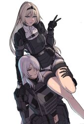  2girls ak-15_(girls&#039;_frontline) ak-15_(mod3)_(girls&#039;_frontline) an-94_(girls&#039;_frontline) armor black_gloves blonde_hair blue_eyes braid buckle commentary girls&#039;_frontline gloves grey_eyes hair_over_one_eye highres lifting_person long_hair looking_at_viewer midriff multiple_girls navel ponytail pouch seilindekos simple_background tactical_clothes v white_background white_hair 