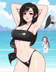  1boy 2girls aerith_gainsborough armpits artist_name bikini black_bikini blush blushyspicy braid breasts brown_eyes brown_hair day earrings final_fantasy final_fantasy_vii flying grey_hair highres hill holding holding_sword holding_weapon jewelry large_breasts long_hair multiple_girls navel ocean outdoors pink_bikini sephiroth shiny_skin skindentation smile smug stomach swimsuit sword tifa_lockhart water weapon wings 
